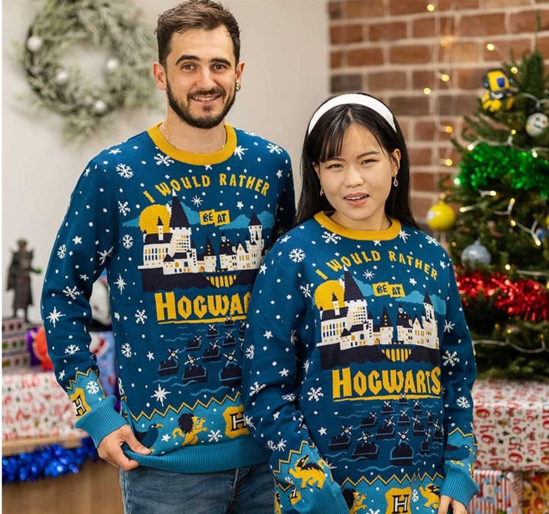 Male and female models wearing Harry Potter ugly sweaters