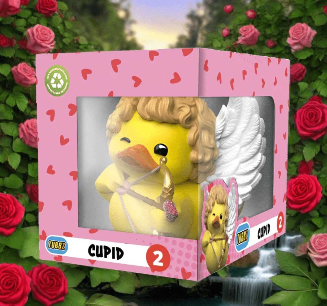 A duck cosplaying as a cupid with a bow and arrow